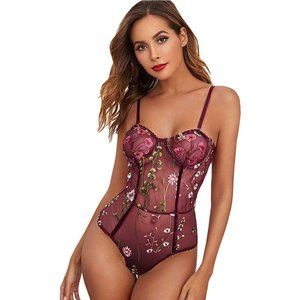 Pola's Embroidered Sheer Bodysuit Burgundy